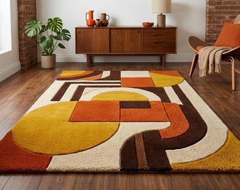Alfombra geométrica abstracta hecha a mano con mechones, alfombra moderna de mediados de siglo para sala de estar.
