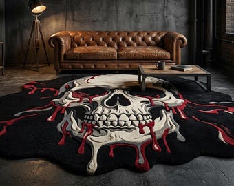 Alfombra artesanal con diseño de calavera, decoración gótica de terror, alfombra llamativa con efecto de goteo en negro y rojo.