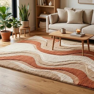 May include: A rectangular area rug with a wavy pattern in shades of beige, cream, and rust-orange. The rug is placed on a hardwood floor in a living room setting, with a sofa, coffee table, and plants visible.
