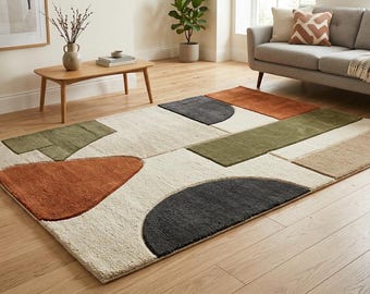 Handmade Abstract Geometric Tufted Rug, Earth Tone Living Room Carpet