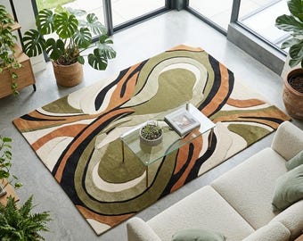 Handmade Abstract Area Rug, Organic Modern Tufted Rug, Green Beige Contemporary Carpet, Artistic Living Room Floor Decor