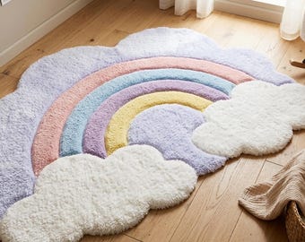 Pastel Rainbow Cloud Tufted Rug, Soft Plush Nursery Carpet