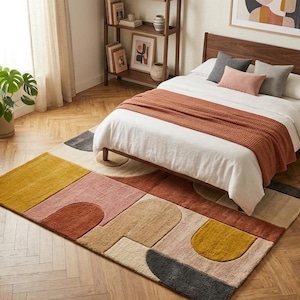 Mid Century Modern Abstract Geometric Rug, Scandinavian Living Room Carpet