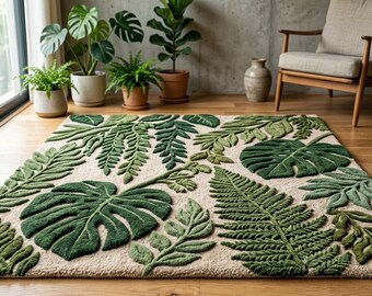Handmade Tropical Leaf Tufted Rug, Monstera Botanical Area Carpet, Green Nature Home Decor