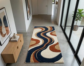 Alfombra moderna de mediados de siglo con diseño ondulado, alfombra retro abstracta, decoración escandinava en azul marino, óxido y crema, alfombra de pasillo grande, alfombra moderna para entrada de 2x12.