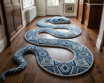 Alfombra con mechones en forma de serpiente, alfombra geométrica azul, alfombra de piso llamativa hecha a mano, alfombra moderna para pasillo, decoración única para el hogar
