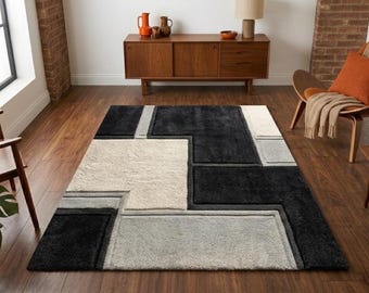 Alfombra geométrica moderna con mechones, alfombra abstracta negra y marfil para sala de estar, decoración minimalista.