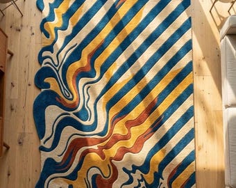 Hand Tufted Abstract Rug, Blue Gold Wavy Stripe Area Carpet