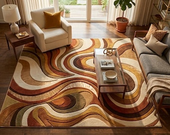 Handmade Abstract Swirl Area Rug, Mid Century Modern Tufted Carpet, Retro Wave Living Room Rug, Earth Tone Floor Decor