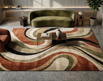 Abstract Wave Hand Tufted Rug, Modern Olive Rust Beige Geometric Carpet
