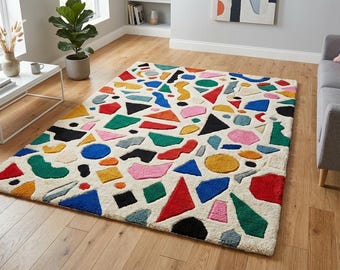Alfombra abstracta colorida con mechones, alfombra moderna y divertida, alfombra geométrica de lana hecha a mano, decoración artística para sala de estar, alfombra para habitación infantil.