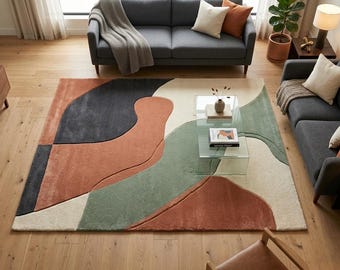 Hand Tufted Abstract Area Rug, Color Block Wool Style Carpet