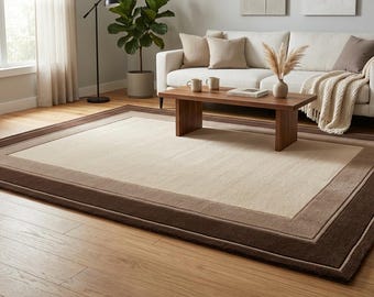 Hand Tufted Beige Brown Area Rug, Minimalist Border Carpet, Modern Neutral Decor