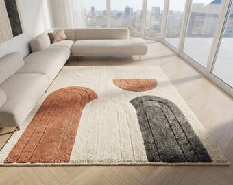 Handgefertigter Abstrakter Bogen Getufteter Teppich, Moderner Geometrischer Teppich, Neutral Creme Terrakotta Holzkohle Teppich, Skandinavisches Dekor