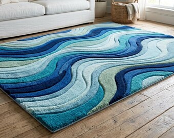 Alfombra de lana tejida a mano, diseño abstracto de olas marinas azules, alfombra para sala de estar de estilo costero.