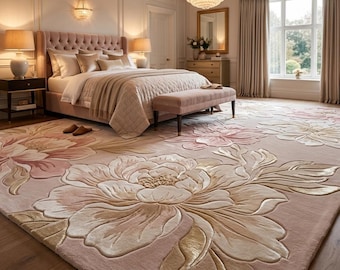 Alfombra de lujo de lana y seda con estampado floral, alfombra rosa tejida a mano, alfombra botánica grande, decoración elegante para dormitorio y sala de estar.