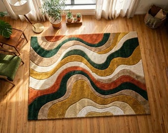Hand Tufted Abstract Wave Rug, Retro Curved Lines Carpet, Mid Century Decor