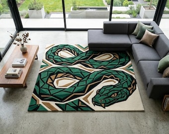 Hand Tufted Emerald Snake Rug, Geometric Cobra Carpet, Gothic Modern Home Decor