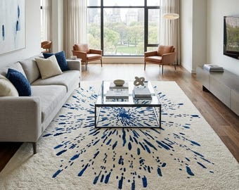Alfombra Blue Starburst con mechones, alfombra abstracta para guardería, habitación infantil moderna.