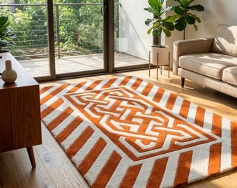 Hand Tufted Orange White Geometric Celtic Knot Wool Rug, Modern Living Room Carpet