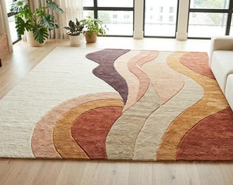 Abstract Landscape Tufted Rug, Earth Tone Wavy Carpet, Boho Living Room Decor