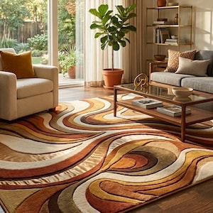 Könnte beinhalten: Ein großer Teppich mit einem mehrschichtigen, wellenförmigen Muster in den Farben gebranntes Orange, Creme, Braun und Senfgelb. Das Design besteht aus fließenden, geschwungenen Linien, die eine Tiefe und Textur auf der gesamten Oberfläche erzeugen.