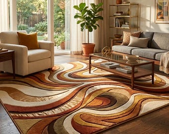 Handmade Abstract Swirl Area Rug, Mid Century Modern Tufted Carpet, Earth Tone Floor Decor