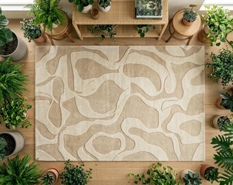 Neutral Abstract Loop Cut Pile Tufted Rug, Beige Cream Organic Pattern Carpet