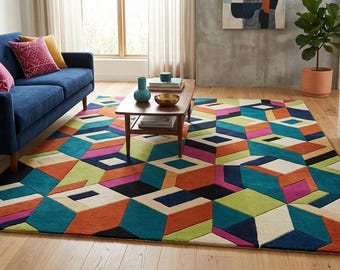 Alfombra geométrica hecha a mano, alfombra moderna abstracta y colorida, alfombra para sala de estar de mediados de siglo, decoración de piso contemporánea que marca la diferencia.