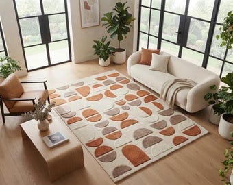 Handgefertigter Abstrakter Geometrischer Teppich, Moderner Neutraler Teppich, Terrakotta Beige Bogenmuster Teppich, Zeitgenössisches Wohnzimmerdekor