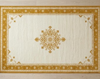 Alfombra de estilo vintage color crema mostaza, alfombra neutra para cuarto infantil, decoración de borde tradicional