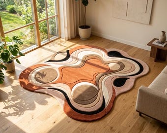 Hand Tufted Abstract Rug, Organic Shape, Beige Rust Brown Artistic Carpet