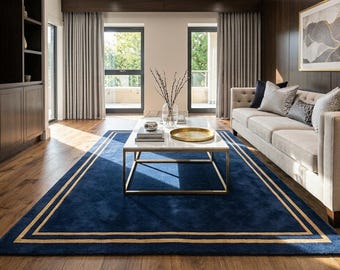 Navy Blue Hand Tufted Rug, Gold Border, Modern Area Rug, Custom Size Options