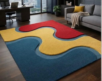 Handgemachter Abstrakter Wellen Teppich, Tufted Teppich, Moderner Color Block Teppich, Mid Century Teppich in Organischer Form für Wohnzimmer Büro Dekor