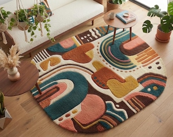 Handgemachter Abstrakter Tufted Teppich, Mitt-Jahrhundert Moderner Bio-Teppich, Buntes Wohnzimmer-Dekor