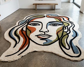 Fathers Day Gift Abstract Face Tufted Rug, Hand Carved Wool Carpet, Mid-Century Modern Statement Rug