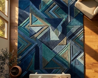 Hand Tufted Blue Geometric Triangle Rug, Abstract Modern Carpet for Living Room