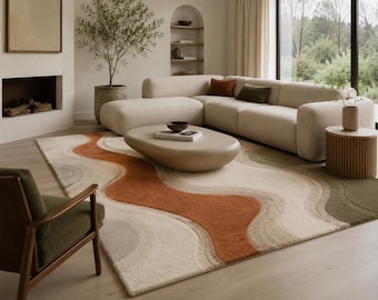 Alfombra abstracta en tonos tierra, alfombra moderna de ondas orgánicas para sala de estar.
