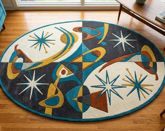 Alfombra redonda de estilo moderno de mediados de siglo, alfombra con diseño de estrella atómica, alfombra retro de la era espacial, alfombra de lana tejida a mano, obra de arte abstracta para el suelo.