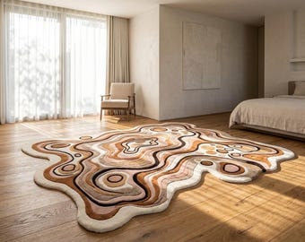 Hand Tufted Abstract Organic Area Rug, Sculptural Beige Brown Pink Carpet