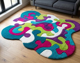 Irregular Puzzle Tufted Rug | Abstract Blob Carpet, Pink Blue Green Purple Area