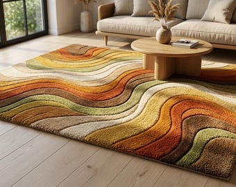 Hand Tufted Abstract Wave Rug, Earth Tone Plush Carpet, Living Room Area Rug