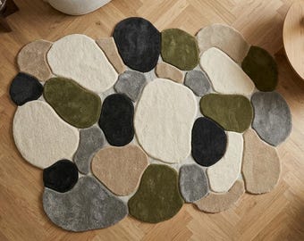 Alfombra artesanal con textura de guijarros, alfombra abstracta de piedra orgánica para el suelo, decoración neutra para la sala de estar.