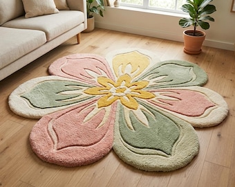 Alfombra con mechones de flores en tonos pastel, alfombra botánica hecha a mano, decoración para sala de estar en rosa y verde salvia.