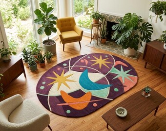 Alfombra ovalada abstracta celestial hecha a mano, alfombra de área con mechones inspirada en el espacio moderno de mediados de siglo, decoración cósmica de luna y estrellas para sala de estar