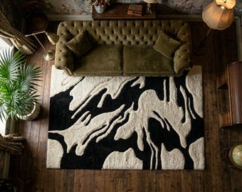 Hand Tufted Wool Rug, Abstract Black Ivory Area Rug, Modern Luxury Shag Rug, Contemporary Living Room Carpet, Handmade Statement Rug