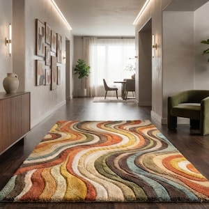 Handmade Retro Wave Rug, Mid Century Modern Abstract Carpet, Tufted Living Room Decor