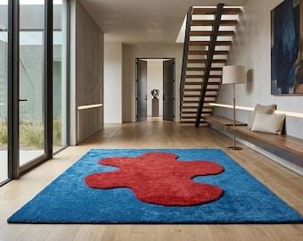 Abstract Blob Tufted Rug, Blue Red Modern Area Carpet, Minimalist Floor Decor