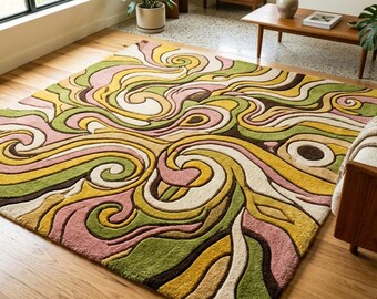 Alfombra abstracta con diseño de remolinos, alfombra de suelo retro moderna, rosa, verde y amarillo para sala de estar.