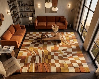 Alfombra de lana hecha a mano con diseño geométrico a cuadros de estilo moderno de mediados de siglo.